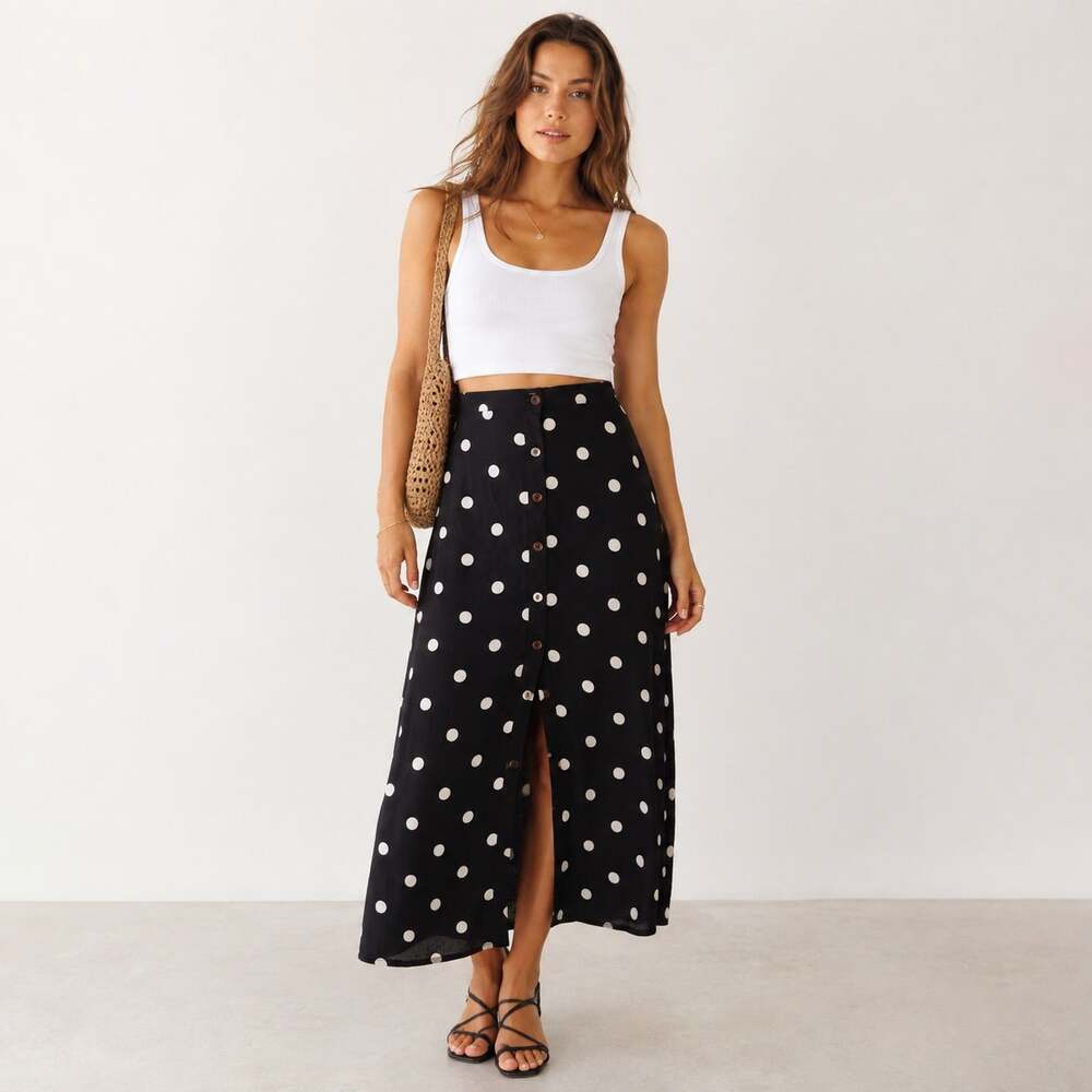 Free people Black Long skirt with White polka dots vintage high waist women 0